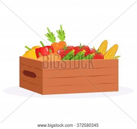 Harvest In Casket Semi Flat Rgb Color Vector Illustration. Vegetables From Farmers Market. Fresh Cor