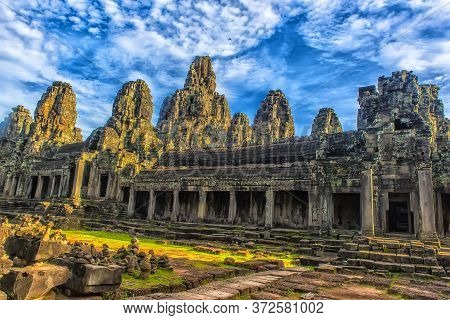 Siem Reap, Cambodia - 08.07.2017 : Ancient Bayon Temple Ruins In Siem Reap Cambodia