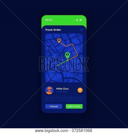 Delivery Status App Smartphone Interface Vector Template. Mobile App Page Night Theme Design Layout.