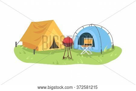 Campground Semi Flat Vector Illustration. Colorful Tents With Grill And Chair. Camping Outdoors And 