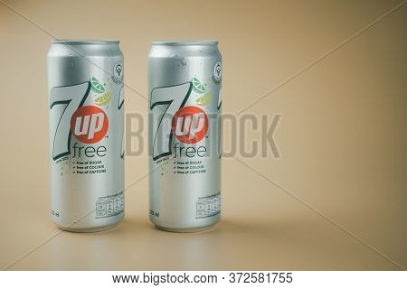 Samut Prakan, Thailand - June 21, 2020 : Aluminium Slim Can Of 7up Lemonade Soda Drink Of 32. This R
