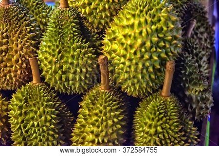 Durian Fruit On Basket For Sale Close Up