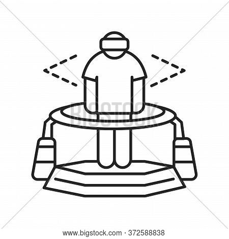 Virtual Reality Platform Black Line Icon. Man In Vr Helmet Gaming On Platform. Cyberspace, Simulatio