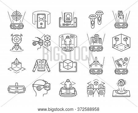 Virtual Reality Black Line Icons Set. Innovative Technology. Pictograms For Web Page, Mobile App. Ui