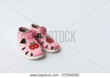 Little Girls Pink Shoes. Baby Shower Concept. Leather Shoes For Baby. First Kids Footwear. Copy Spac
