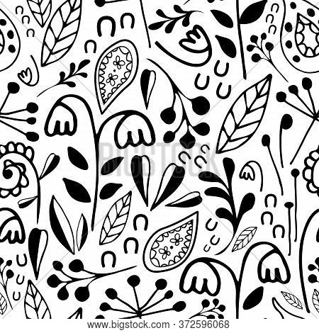 Wild Meadow Flowers Seamless Vector Pattern Background. Black And White Dense Millefleur Repeat With
