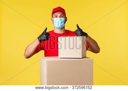 Express Delivery During Pandemic, Covid-19, Safe Shipping, Online Shopping Concept. Pleased Courier 