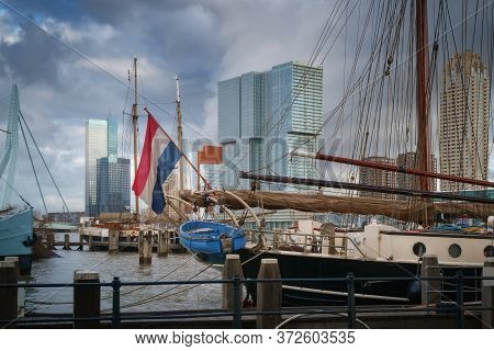 Rotterdam City Skyline Cityscape, Netherland (holland). View Of Downtown And Sailing Ship With The F