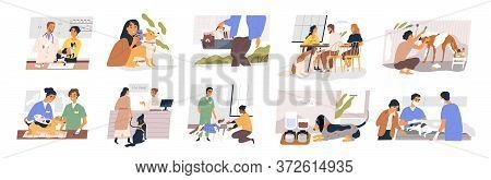 Different Situation Of Pets Life Set Vector Flat Illustration. Owners With Their Domestic Animals - 