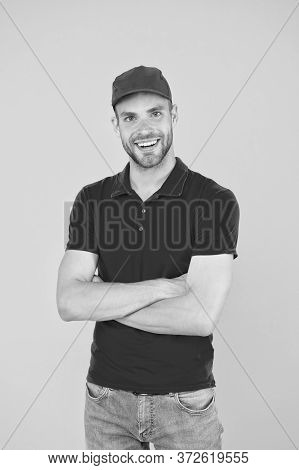 Food Order Deliveryman. Sales Team Member. Hiring Shop Store Worker. Happy Guy. Dealer Yellow Wall. 