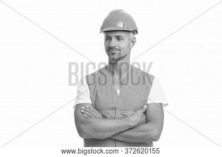 Building Design. Design Architect. Design Future. Mature Man In Helmet. Works At Building Site. Buil