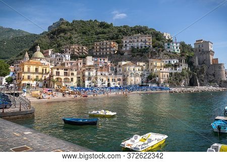 Cetara Cityscape On Coast Of Amalfi Of Mediterranean Sea In Italy