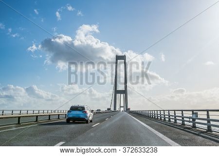 Cars On The Great Belt Fixed Link Between The Danish Islands Of Zealand And Funen, Denmark, May 23, 