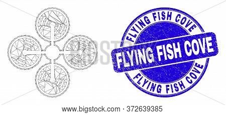 Web Mesh Air Copter Icon And Flying Fish Cove Seal Stamp. Blue Vector Round Textured Seal Stamp With