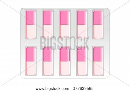 Pink Capsules In A Blister Pack Isolated On White Background, Vector Art Illustration. Pharmaceutica