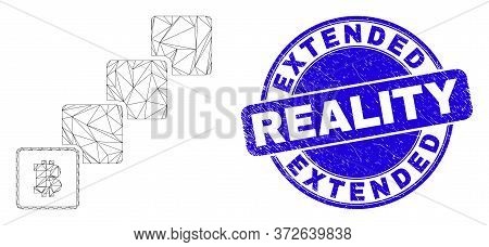 Web Mesh Bitcoin Blockchain Icon And Extended Reality Seal Stamp. Blue Vector Rounded Textured Seal 