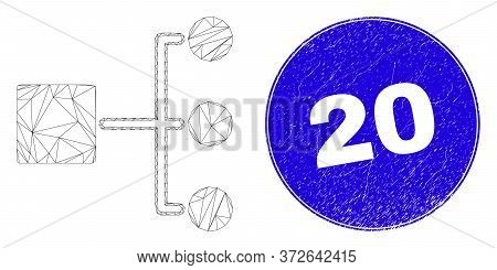 Web Mesh Hierarchy Icon And 20 Stamp. Blue Vector Round Textured Stamp With 20 Phrase. Abstract Fram