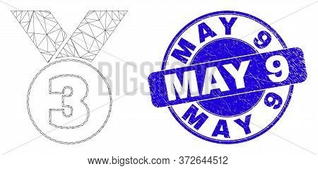 Web Mesh Third Medal Pictogram And May 9 Seal. Blue Vector Rounded Textured Seal Stamp With May 9 Me