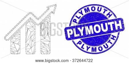 Web Mesh Trend Chart Icon And Plymouth Seal. Blue Vector Round Grunge Seal With Plymouth Text. Abstr