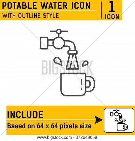 Potable Water Icon. Water Tap And Mug Premium Symbol With  Line Style Isolated On White Background. 