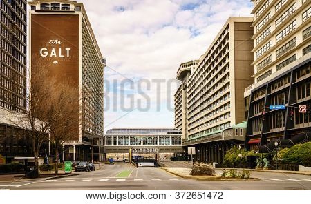 Louisville, KY, February 23, 2020: View of Galt House Hotel in downtown Louisville, Kentucky on Ohio River waterfront