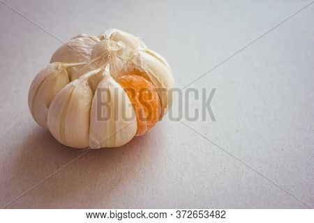 Large Garlic Onion With One Orange Slice Of Mandarin. Strange Person, Not Like The Others, Odd Man O