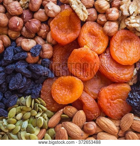 Products Of Vegetarian Cuisine, Nuts And Dried Fruits. Balanced Diet, Special Diet. Warm Tones, Top 