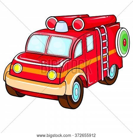 Fire Brigade Car In Red, Retro Style, Cartoon Illustration, Isolated Object On A White Background, V