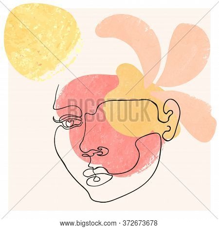 Vector Outline Illustration Of Woman Gace On Abstract Floral Background. One Line Drawing. Use It As