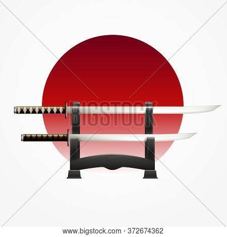 Japanese Culture History With Matched Pair Traditional Swords Against Red Circle White Background Fl