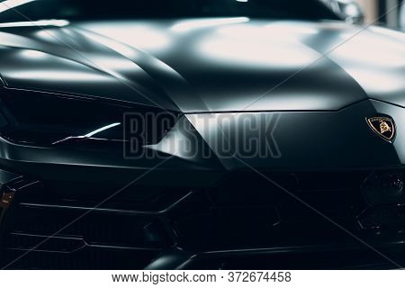 Lamborghini Urus Black Color Sports Car Close Up.