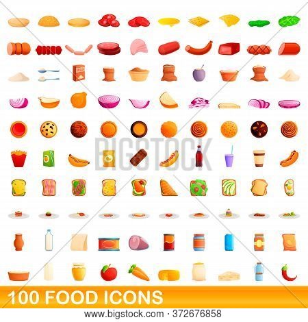 100 Food Icons Set. Cartoon Illustration Of 100 Food Icons Vector Set Isolated On White Background