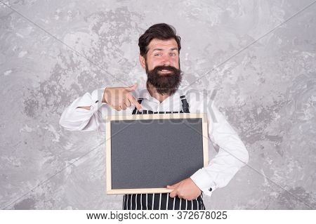 Looking Great. Best Cuisine Here. Welcome On Board. Brutal Man Hipster Hold Blackboard, Copy Space. 