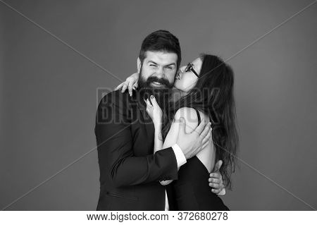 Love At First Bite. Couple In Love Enjoy Flirtation. Flirtation Between Sexy Girl And Bearded Man. F