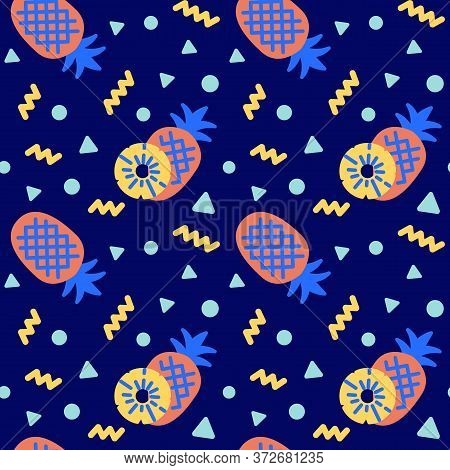 Pineapple Icons Pattern. Pineapple Whole And Slice Seamless Background. Summer Seamless Pattern Vect