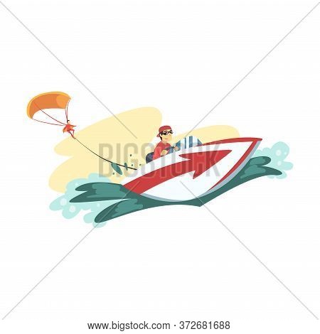 Man Parasailing With Parachute Behind Motor Boat, Extreme Hobby Or Sport, Tourism And Recreational A