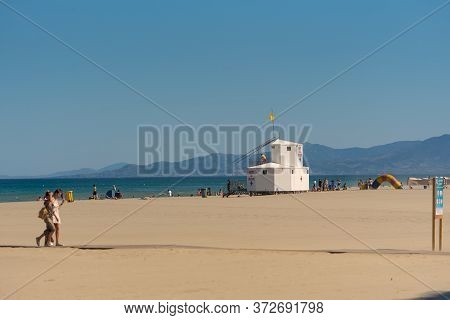 Canet En Roussillon, France: June 21, 2020: Sunny Day In The Tourist Town Of Canet En Roussillion In