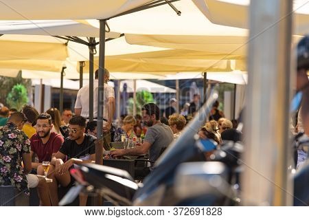 Canet En Roussillon, France: June 21, 2020: Sunny Day In The Tourist Town Of Canet En Roussillion In