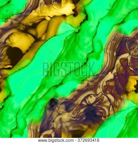 Seamless Acrylic Pattern. Ink Paint Abstract. Bright Green Bleached Print. Forest Colors Stone Marbl