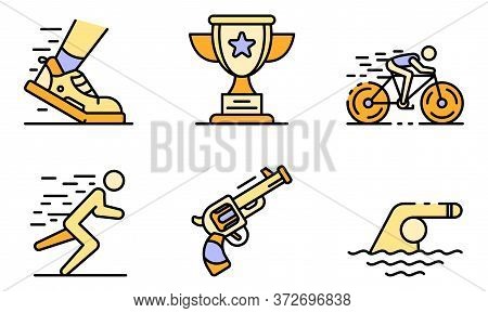 Triathlon Icons Set. Outline Set Of Triathlon Vector Icons Thin Line Color Flat On White