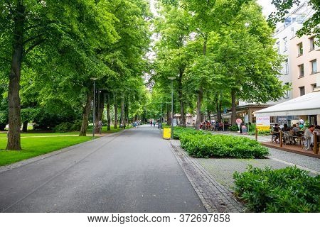 Podebrady, Czech Republic - 7.06.2020: Kolonada Street In Czech City Podebrady Decorated By Beautifu