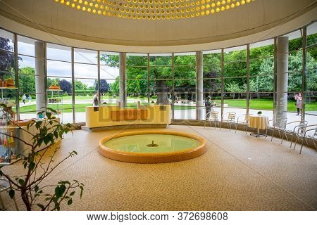Podebrady, Czech Republic - 7.06.2020: Mineral Water Source In Famous Kolonada In Park In Podebrady,
