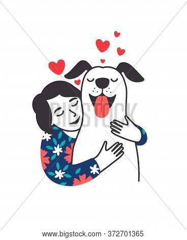 Female Pet Friend. Cartoon Young Woman Hugging Cute Puppy With Care And Love, Cozy Relaxing Friendsh