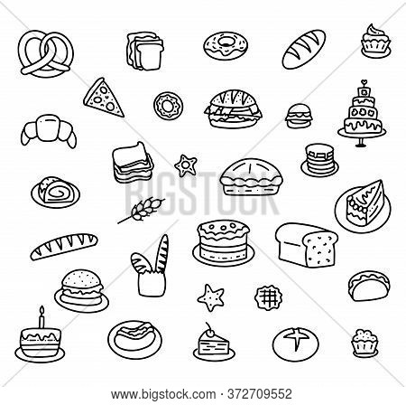 Set Of Hand Drawn Elements For Bakers Menu, Vector Stock Illustration, Black Doodle Isolated On Whit