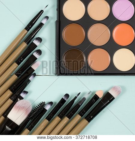 Make Up Set Soft Makeup Brushes And Maskara On Whight Background