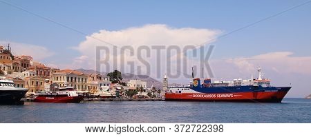 Symi, Greece - June 21, 2020: Symi Town, Symi Island, Pictorial View Of Colorful Houses And Yialos H