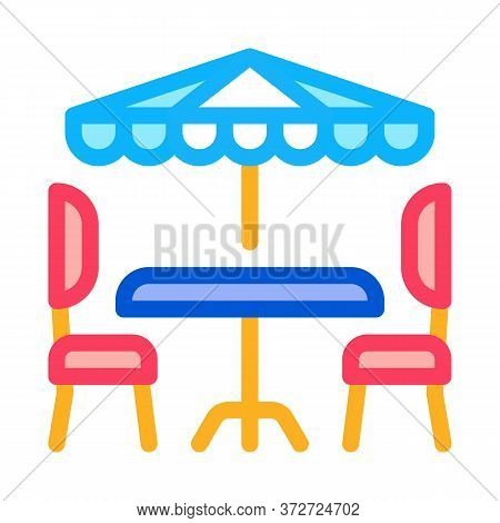 Cafe Table Chairs And Umbrella Icon Vector. Cafe Table Chairs And Umbrella Sign. Color Symbol Illust