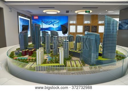 SHENZHEN, CHINA - CIRCA APRIL, 2019: group of miniature building models as seen at Nubia Technology space in China International Consumer Electronics Exchange/Exhibition Center (CEEC).