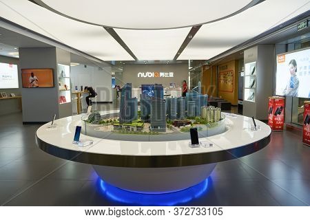 SHENZHEN, CHINA - CIRCA APRIL, 2019: group of miniature building models as seen at Nubia Technology space in China International Consumer Electronics Exchange/Exhibition Center (CEEC).