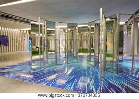 SHENZHEN, CHINA - CIRCA APRIL, 2019: interior shot of China International Consumer Electronics Exchange/Exhibition Center (CEEC) at UpperHill in Shenzhen.